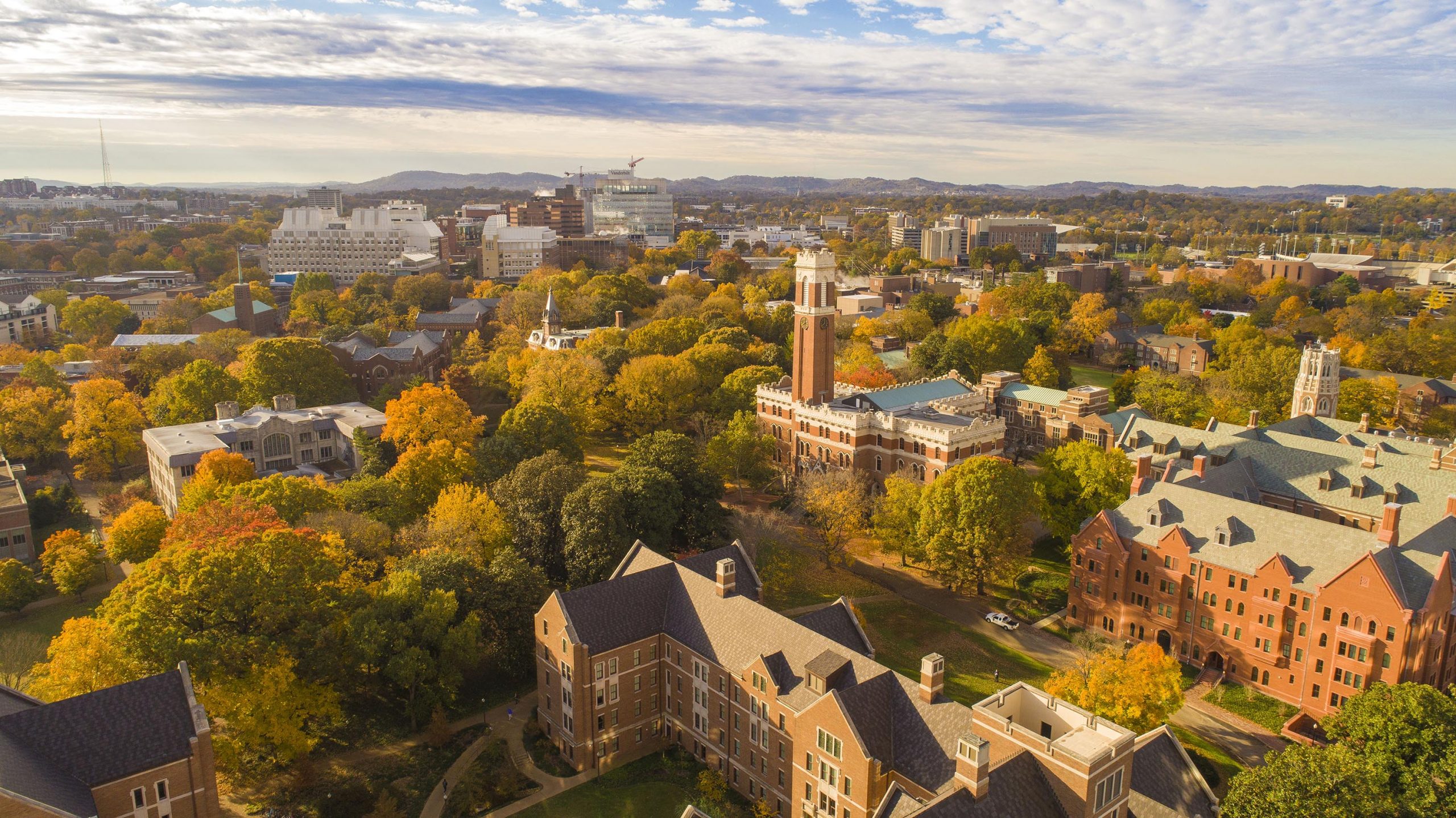 aerial view of campus in the fall